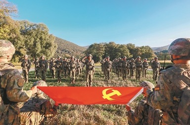 該旅在訓練間隙組織官兵向黨旗宣誓，激勵官兵以昂揚斗志投身練兵備戰。馮義橋攝