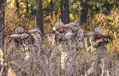 近日，陸軍某旅開展狙擊專業訓練。圖為偵察小組搜索前進。勞洪超攝